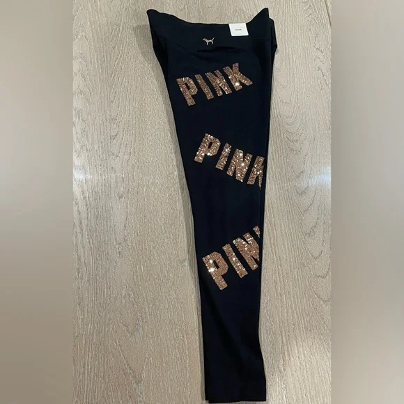 VS Pink Black Leggings with Gold Bling Sequin 'PINK'